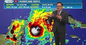 Thursday 10 PM Tropical Update: Hurricane Beryl upgraded to Category 3, may weaken over Yucatan