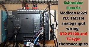 Schneider Electric Modicon M221 PLC TM3TI4 analog input wiring, RTD PT100 and TC type thermocouples.