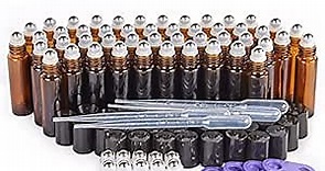 Essential Oil Roller Bottles, 48 Pack Hoa Kinh 10ml Empty Glass Amber Roller Bottles UV Protection with Stainless Steel Balls (10ml-48pack)