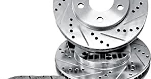 R1 Concepts eLINE Series Rear Brake Rotors Drilled and Slotted Silver with Ceramic Pads and Hardware Kit For 2002-2020 Infiniti G35, Nissan Qashqai, X-Trail, Leaf, Juke, Rogue Select, Renault Koleos