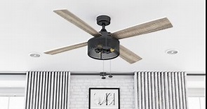 Prominence Home Mandino, 52 Inch Industrial Style LED Ceiling Fan with Light, Pull Chain, Dual Mounting Options, 4 Dual Finish Blades, Reversible Motor - Model 51591-01 (Matte Black)