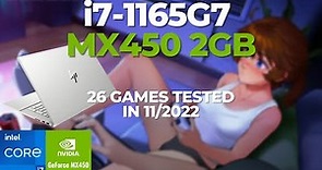 Intel Core i7-1165G7  Nvidia GeForce MX450  26 GAMES TESTED IN 11/2022 (16GB RAM)