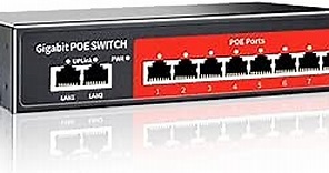8 Port Gigabit PoE Switch with 2 Gigabit Uplink,802.3af/at Compliant,120W Built-in Power,Unmanaged Metal Plug and Play