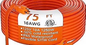 Outdoor Extension Cord 75 Foot Waterproof, 16/3 Gauge Flexible Cold-Resistant Appliance Extension Cord Outside, 10A 1250W 16AWG SJTW, 3 Prong Heavy Duty Electric Cord Orange, ETL HUANCHAIN