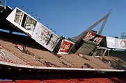 A scoreboard collapses in the Angel Stadium after the 1994 Northridge ...