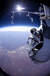 Felix Baumgartner in full-pressure suit, prepares to jump during an ...