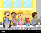 Illustration of Kids Waiting to Get in the Bus Stock Photo - Alamy