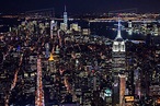 New York City Manhattan Aerial view of illuminated skyline at night # ...