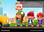 Kids waiting at a bus stop Royalty Free Vector Image