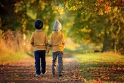 Two Children, Boys, Walking on the Edge of a Lake on a Sunny Autumn ...