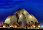 The beautiful Lotus Temple lit in the night