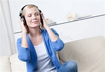 Beautiful Woman in Headphones Listens To Music Stock Photo - Image of ...