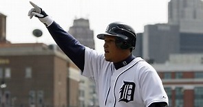 Detroit Tigers Miguel Cabrera reacts to hitting 500th home run
