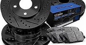 R1 Concepts Front Rear Brake Rotors Drilled and Slotted Black with Semi Metallic Pads and Hardware Kit Compatible For 1999-2006 BMW 323i, 325Ci, 325i, 328Ci, 328i