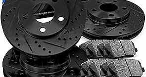 R1 Concepts Front Rear Black Drilled and Slotted Brake Rotors with Ceramic Pads, Hardware Kit, and Sensor Wire For 2017-2021 BMW 530e, 530i xDrive, 530e xDrive